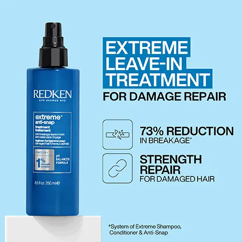 Image 1 - A blue bottle of Redken Extreme Leave-In Treatment for damage repair is shown, featuring visible text detailing 73% reduction in breakage and strength repair for damaged hair.
Image 2 - Image shows the comparison of hair texture before and after using a hair care product, with visible text BEFORE above and AFTER ONE USE* below.
Image 3 - A person holds a piece of messy, split-ended blond hair in their hand with one section curled, showcasing the difference in hair texture.
Image 4 - A blue spray bottle of Redken Extreme Anti-Snap treatment sits against a light blue background, with the text FORMULATED WITH PROTEIN displayed prominently below it.
Image 5 - A hand holds a blue spray bottle of Redken hair product, with text that reads APPLY ALL OVER TO DAMAGED AREAS OF CLEAN, WET HAIR. LEAVE-IN AND STYLE AS USUAL.
Image 6 - A person holding a blue spray bottle is spraying a product onto curly hair, with text below reading PRO TIP FOCUS ON THE AREAS OF YOUR HAIR THAT ARE THE WEAKEST. START APPLYING THE PRODUCT FROM THE ENDS OF THE HAIR AND WORK YOUR WAY UP THE HAIR. LESS IS MORE.
Image 7 - A blue bottle of Redken Extreme Anti-Snap Treatment is shown with five black stars above it, and text highlighting a review that mentions it made a significant difference to hair with less breakage and split ends, stating a recommendation to others and a note about receiving the product from Marie Claire Beauty Drawer, Oct 2023.
Image 8 - Image shows a close-up of a person holding a spray bottle while applying product to curly hair, with text overlay that includes LOVED BY PROS and a testimonial about a hair strengthening treatment attributed to Paul Percival, hairstylist at Percy & Reed Salon.
Image 9 - Three blue bottles of Redken hair care products arranged in a row, labeled as shampoo, condition, and treat, with the title DAMAGE REPAIR ROUTINE above them.