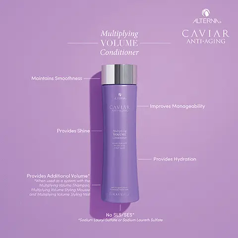 Image 1, multiplying volume conditioner, maintains smoothness, improves managebility, provides shine, provides hydration, provides additional volume, no SLS/SES. Image 2, before and after