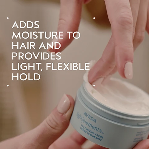 Image 2 - A persons hands hold an open light blue jar of hair cream, with one finger dipped into the product, and text on the image reads ADDS MOISTURE TO HAIR AND PROVIDES LIGHT, FLEXIBLE HOLD, with the jar labeled AVEDA light elements TEXTURIZING CREME CRÈME TEXTURANTE. Image 3 - A dark green image with a central blurred teal and green abstract design, containing the white text Formulated Without Animal Derived Ingredients, Silicones, Gluten, Mineral Oil, SLS/SLES, Synthetic Fragrance, Parabens, Phthalates, Petrolatum, Paraffin, & Formaldehyde Donors. Image 4 - A split image shows a smiling woman with shoulder-length reddish-brown hair: on the left, labeled BEFORE, her hair appears slightly unruly with the caption Unwashed Hair; on the right, labeled AFTER, her hair is smooth, styled, and shiny, accompanied by the text Results with Color Control Rich Shampoo, Conditioner, and Leave-In Treatment: Rich. Blow dried with paddle brush and finished with Light Elements™ Texturizing Cream. Image 5 - The image displays a four-step hair care routine with circular visuals for each step: first, a persons hair being washed with shampoo foam; second, a hand dispensing conditioner into a palm; third, a hand dispensing leave-in treatment into a palm; and fourth, a hand scooping texturizing cream from a jar, with the visible text How To Use, 01 Cleanse Color Control Shampoo: Rich, 02 Condition Color Control Conditioner, 03 Treat Color Control Leave-In Treatment: Rich, and 04 Style Light Elements Texturizing Cream. Image 6 - A split image displays a persons reddish-brown hair from the back; the left side, labeled BEFORE, shows frizzy, unwashed hair, while the right side, labeled AFTER, shows smooth, styled hair, with additional text stating Unwashed Hair and Results with Color Control Rich Shampoo, Conditioner, and Leave-In Treatment. Rich. Blow dried with paddle brush and finished with Light Elements TM Texturizing Cream. Image 7 - A thick, creamy white product smear with soft peaks and subtle textures against a white background. Image 8 - Three white certification logos are displayed against a background of dark green plant leaves and a red stem: a circular logo with a V and the text 100% Vegan, a logo with the text Certified B Corporation, and a logo featuring a leaping rabbit with stars and the text Cruelty Free International.