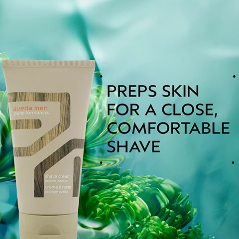 Image 2 - A light beige tube of Aveda Men Pure-Formance Shave Cream stands on the left against a blurry green and teal background, with the text PREPS SKIN FOR A CLOSE, COMFORTABLE SHAVE on the right, and the tube also reads aveda men pure-formance, shave cream, protect+soothe, crème à raser, protège+apaise. Image 3 - Two beige squeeze tubes, one with a green abstract pattern and the other with a brown abstract pattern, stand on a green and blue background that resembles underwater foliage, with overlaying text that reads HOW TO USE, 01 SHAVE, Aveda Men Pure-Formance™ Shave Cream, 02 TREAT, Aveda Men Pure-Formance™ Dual Action Aftershave, and text on the left tube aveda men pure-formance™ shave cream protect+soothe crème à raser protège+apaise, and text on the right tube aveda men pure-formance™ dual action aftershave moisturize+soothe après-rasage double action hydrate+apaise. Image 4 - A white, thick cream or lotion is spread in a textured, wavy swipe across a white background. Image 5 - A dark green background with a circular inset showing green plant matter submerged in water with bubbles, accompanied by the text: FORMULATED WITHOUT ANIMAL DERIVED INGREDIENTS, SILICONES, MINERAL OIL, SLS/SLES, SYNTHETIC FRAGRANCE, PARABENS, PHTHALATES, PETROLATUM, PARAFFIN, & FORMALDEHYDE DONORS. Image 6 - A close-up of dark green tropical leaves and a red plant shows three white certification logos: a V surrounded by 100% VEGAN text, a Certified B Corporation logo, and a Cruelty Free International leaping bunny logo.