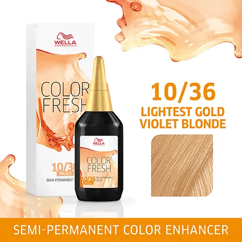 Image 1, WELLA PROFESSIONALS COLOR FRESH WELLA 10/3 PH 6.5 SEMI-PERMANENT COLOR FRESH 10/36 10/36 LIGHTEST GOLD VIOLET BLONDE SEMI-PERMANENT COLOR ENHANCER Image 2, 10/36 LIGHTEST GOLD VIOLET BLONDE Image 3, HEALTHY-LOOKING SHINE& COLOR Image 4, QUICK & EASY APPLICATION Image 5, CONDITIONING COLOR ENHANCER Image 6, LASTS UP TO 10 SHAMPOOS Image 7, EXPERT TIP WELLA ENRICH CARE RANGE PROFESSIONALS WELLA ENRICH THICK PROFESSIONALS WELLA PORESSIONIALS ENRICH ミ WELLA PROFESSIONALS ENRICH
