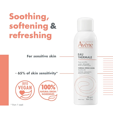 Image 1 - A bottle of Avene Eau Thermale spray is shown against a white background, with text stating Soothing, softening & refreshing, For sensitive skin, 65% of skin sensitivity, along with icons indicating INFO VEGAN and 100% natural origin ingredients.
Image 2 - A bottle of Avène Eau Thermale thermal spring water is shown alongside icons representing its benefits: all day hydration, make-up friendly, after sun, cooling spray, itching sensations, and after hair removal.
Image 3 - Avene Eau Thermale spray bottle with labels indicating suitability for babies, sensitive skin, and use post-procedure, along with a Green Impact Index logo.
Image 4 - Image of a circular droplet pattern with water droplets, accompanied by the text Light Water Mist and a description reading Refreshing and soothing effect.