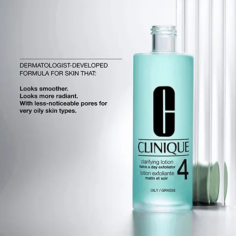 Image 1 - A turquoise bottle of Clinique clarifying lotion labeled as step 4 for oily skin types, featuring bold black text with descriptions including Looks smoother, Looks more radiant, and With less-noticeable pores for very oily skin types, against a bright background with soft shadows.
Image 2 - Image shows a flat lay of salicylic acid in a white powder form next to witch hazel branches with yellow flowers on a white plate, accompanied by text that reads Salicylic acid helps clear and unclog pores and Witch hazel helps refine skin.
Image 3 - A light blue cream texture is shown with icons indicating exfoliation and oil control next to the words exfoliate and oil control.
Image 4 - A light blue background displays a table with the heading Free of, and two checked boxes indicating that the product is free of fragrance and oil.