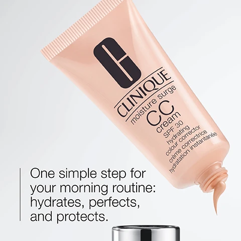 Image 1 - A tube of Clinique Moisture Surge CC Cream with SPF 30 is shown, with text stating One simple step for your morning routine: hydrates, perfects, and protects.
Image 2 - A close-up image of two clear glass containers alongside a mint green corrugated background, featuring a text box stating Free of with check marks next to fragrance and oil.
Image 3 - The image displays swatches of foundation in different shades, with visible text listing Coverage: medium, Finish: natural, Skin type: all skin types.