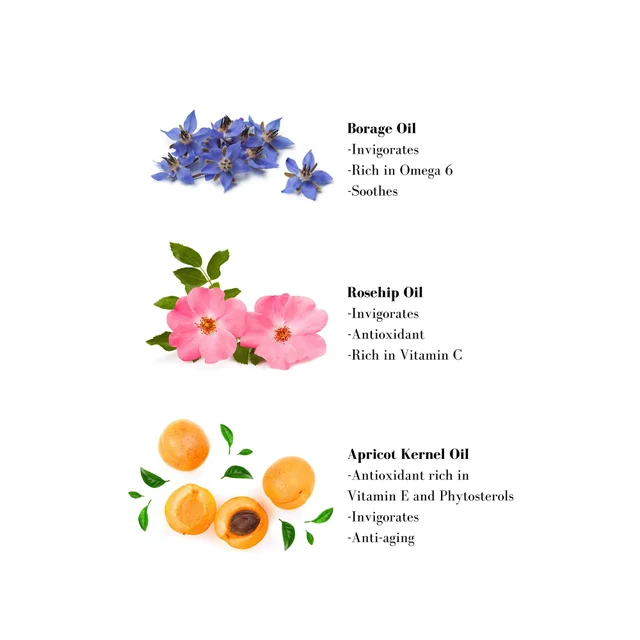 Image 1- Borage Oil - Invigorates -Rich in Omega 6 -Soothes Rosehip Oil -Invigorates - Antioxidant -Rich in Vitamin C Apricot Kernel Oil -Antioxidant rich in Vitamin E and Phytosterols -Invigorates -Anti-aging