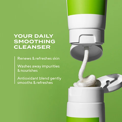 Image 1 - A green tube of cleansing product with a white flip cap displaying a creamy cleanser being squeezed out, accompanied by text that reads Your Daily Smoothing Cleanser, Renews & refreshes skin, Washes away impurities & nourishes, Antioxidant blend gently smooths & refreshes.
Image 2 - A woman with dark skin and a radiant smile is applying a cream cleanser to her face while holding her cheek, with a green background and visible text that reads Luxurious Cream Cleanser, SMOOTH YOUR SKIN WITH EVERY CLEANSE.
Image 3 - A creamy white skincare product is spread on a green background, with accompanying text describing its ingredients and benefits: Peptide, Lactic Acid + Antioxidant Blend: Smooth & renew for a more youthful complexion; Essential Fatty Acids: Help maintain skins moisture; Apricot + Starflower Oils: Provide intense hydration & replenish skin.
Image 4 - A close-up of a creamy lather with the text Renewing Cleansing Cream luxuriously rich, creamy lather.
Image 5 - Image shows two Murad skincare products, a cleansing cream and a renewing cleansing cream, both with green labels, alongside the text that reads NEW LOOK, NEW SIZE, SAME SMOOTHING FORMULA YOU LOVE.
Image 6 - Image shows four tubes of Murad cleansers arranged side by side with labels for each: Renew AHA/BHA Exfoliating Cleanser, Brighten Essential-C Cleanser, Smooth Renewing Cleansing Cream, and Clear Clarifying Cleanser, with the text FIND YOUR CLEANSER above them.