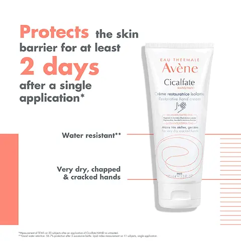 Image 1, Protects the skin barrier for at least 2 days after a single application* EAU THERMALE Avène Cicalfate MAINS/HAND Crème restauratrice isolante Restorative hand cream Water resistant** Manches, ge for very dry, cracked honds Very dry, chapped & cracked hands application of CHAND **Goodwin 56.7% protection or Stepid index 11 subject, single application Image 2, EAU THERMALE Avène Cicalfate MAINS/HAND Crème restauratrice isolante Restorative hand cream SOOTHING RESTORING + SUCRALFATE/CUBE/NC- SUCRALATE/COPPER/INC Moins très sèches, gercles for very dry, crocked honds NOURISHING 9/33FLO PROTECTIVE Image 3, KEY INGREDIENTS Copper/Zinc: Anti-bacterial complex, limits the risk of bacterial proliferation Sucralfate: Promotes skin repair