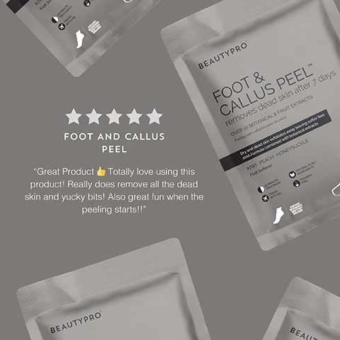 image 1, customer review - great product. totally love using the product, really does remove all the dead skin and yucky bits. also great fun when the peeling starts. image 2, top tip = soak your feet in water or take a warm shower first to soften the skin and make it more susceptible to the formula. image 3, salicylic acid - dissolves skin debris. glycolic acid - speeds generation of new cells.