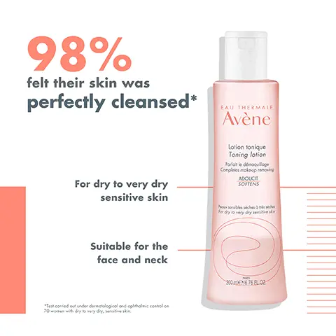 Image 1, 98% felt their skin was perfectly cleansed* For dry to very dry sensitive skin EAU THERMALE Avène Lotion tonique Toning lotion Parfait le démaquillage Completes make-up removing ADOUCIT SOFTENS Pox sensibles sèches c for dry to very dry sensi Suitable for the face and neck *Test corried out under dermatological and ophthalmic control 70 women with dry to very dry, sensitive skin. 2006 76 FLOZ Image 2, EAU THERMALE Avène Lotion tonique Toning lotion Parfait le dénoquillage Completes make-up removing ADOUCIT SOFTENS MAKE UP REMOVING TONING Pox sensibles sèches à très ce for dry to very dry serv SOOTHING 290 €16.76 FLOZ MATTIFYING Image 3, CAU THERMAL Avène EAU THERMALE Avène Conque Toning lotion COAGULANT GANSER 1 CLEANSE MILK CLEANSER No TONE SKIN GENTLE TONING LOTION EAU THERMALE Avène Hydrance AQUA OR 3 HYDRATE 0 MALA HYDRANCE AQUA-GEL HYDRATING AQUA CREAM-IN-GEL Image 4, KEY INGREDIENTS: Avène Thermal Spring Water: Soothing, softening and anti-irritating