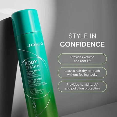 Image 2 - A green aerosol can of Joico Body Shake Texturizing Finisher is displayed alongside text that reads STYLE IN CONFIDENCE, Provides volume and root lift, Leaves hair dry to touch without feeling tacky, and Provides humidity, UV, and pollution protection.