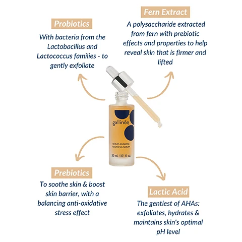 Image 1 - A skincare serum bottle labeled gallinée with a dropper is centered, surrounded by arrows pointing to four ingredients: Probiotics describing gentle exfoliation, Fern Extract highlighting prebiotic effects for firmer skin, Prebiotics for soothing the skin barrier, and Lactic Acid as a gentle exfoliant that maintains pH levels.
Image 2 - Image shows a side-by-side comparison of a womans face labeled BEFORE on the left and AFTER 3 MONTHS on the right, demonstrating visible improvements in skin firmness and appearance; additional text includes a testimonial from Nikki about the products effectiveness.