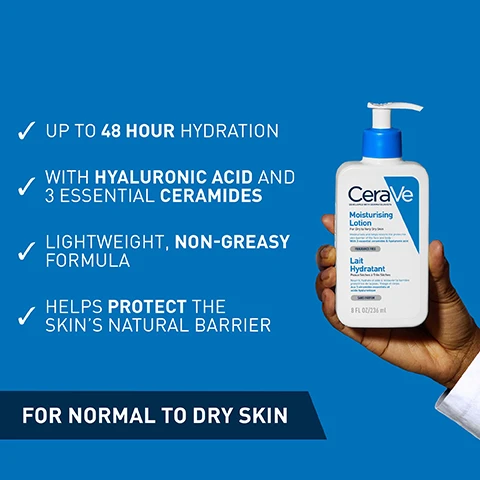 Image 1, visibly maintains moisture for up to 48 hours. with hyaluronic acid and 3 essential ceramides. rich, non greasy forumla. helps protect the skin's natural barrier. for dry to very dry skin. image 2, suitable for children and babies. image 3, same benefits, different texture. rich cream vs lightweight lotion.