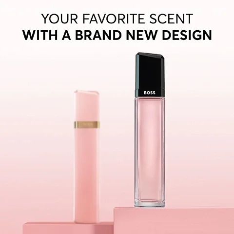 Image 3 - A clear rectangular perfume bottle with pink liquid, a black cap, and the word BOSS, stands on a pink platform in front of a blurred pink cylindrical bottle, with the text YOUR FAVORITE SCENT WITH A BRAND NEW DESIGN above.