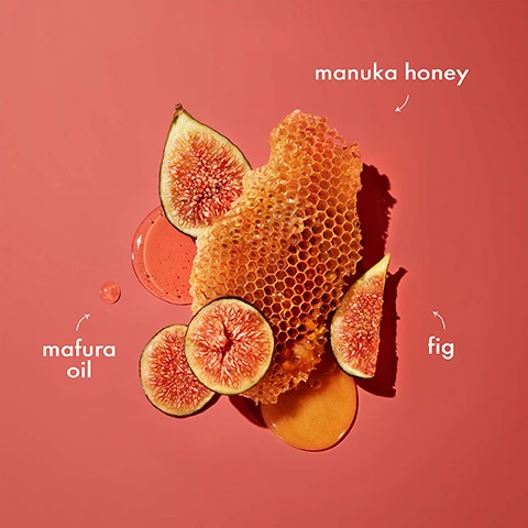 Image 1 - An arrangement of honeycomb, fresh figs, and drops of oil on a pink background, with labels for manuka honey, mafura oil, and fig.
Image 2 - Graphic featuring a warm yellow background with the text FOR DRY & DAMAGED HAIR prominently displayed.