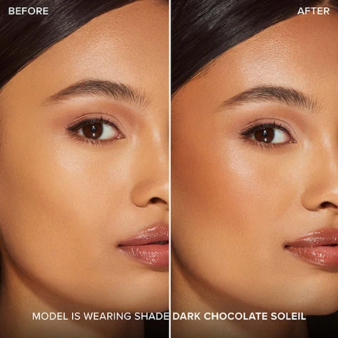 Image 1 - Image shows a models face in a side-by-side comparison with BEFORE on the left and AFTER on the right, highlighting the difference in skin tone and makeup application, with visible text stating MODEL IS WEARING SHADE DARK CHOCOLATE SOLEIL beneath the images.
Image 2 - A close-up of a models face featuring glowing skin and a gold hoop earring with a pink star charm, with text at the bottom stating MODEL IS WEARING DARK CHOCOLATE SOLEIL.
Image 3 - A round compact of chocolate matte powder with a gold lid is displayed, surrounded by cocoa powder, featuring text that reads 8-HOUR Wear, MATTE FINISH, MEDIUM, BUILDABLE Coverage, POWDER FORMULA, Infused with REAL COCOA POWDER, and Smells Like CHOCOLATE.
Image 4 - Three arms display swatches of foundation in varying shades: Dark Chocolate Soleil, Chocolate Soleil, and Milk Chocolate Soleil, arranged in horizontal rectangles with corresponding labels on the left.
Image 5 - Images of four women showcasing makeup looks with three bronzer shades labeled as Milk Chocolate, Chocolate, and Dark Chocolate, featuring various earrings in each image.
Image 6 - Image features three round bronzer compacts with the words Milk Chocolate Matte, Dark Chocolate Matte, and Light Chocolate Matte, surrounded by broken chocolate bars and cocoa powder; text below reads WARM UP WITH ALL 3 SHADES OF OUR LASTING, BUILDABLE BRONZER INFUSED WITH REAL COCOA POWDER and theres a badge stating SMELLS LIKE CHOCOLATE.