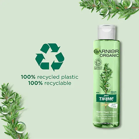 Image 1, 100% recycled plastic 100% recyclable. Image 2, purifying thyme tonwr, lavandin anti age day care and lavadin facial oil