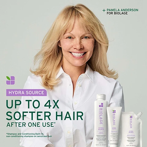 Image 2 - The image shows Pamela Anderson, a blonde woman smiling in a white shirt, with three white Biolage Hydra Source hair products (a shampoo bottle, a conditioning balm tube, and a deep treatment mask pouch) displayed in the foreground, accompanied by the text + PAMELA ANDERSON FOR BIOLAGE, HYDRA SOURCE, UP TO 4X SOFTER HAIR AFTER ONE USE*, *Shampoo and Conditioning Balm vs. non-conditioning shampoo on sensitised hair, and product labels reading BIOLAGE PROFESSIONAL HAIR SPA HYDRA SOURCE SHAMPOO 13.5 FL. OZ. 400 mL e, BIOLAGE PROFESSIONAL HAIR SPA HYDRA SOURCE CONDITIONING BALM 8.0 FL. OZ. 236 mL e, and BIOLAGE HYDRA SOURCE DEEP TREATMENT MASK 3.3 FL. OZ. 100 mL e. Image 3 - A side-by-side comparison shows two Biolage Hydra Source hair treatment pouches against a split white and dark green background, with the left pouch, labeled OLD, being translucent pale green and the right pouch, labeled NEW, being opaque white, both with white screw caps; visible text on the image reads OLD, NEW, NEW PACKAGING, SAME GREAT PERFORMANCE, BIOLAGE PROFESSIONAL HYDRA SOURCE deep treatment pack soin profond sachet FOR DRY HAIR infused with aloe POUR CHEVEUX SECS infusé à laloes VEGAN FORMULA PARABEN FREE MINERAL OIL FREE 3.4 FL. OZ. / 100 ml, and BIOLAGE PROFESSIONAL HAIR SPA HYDRA SOURCE DEEP TREATMENT MASK MASQUE DE SOIN PROFOND HYDRATION CONCENTRATE with aloe + hyaluronic acid 2 micrograms per 100 ml CONCENTRÉ DHYDRATATION à laloès + acide hyaluronique 2 microgrammes par 100 ml DRY HAIR CHEVEUX SECS 3.3 FL. OZ. 100 ml e. Image 4 - A woman with long, highlighted, wet hair has a white comb with a clear product running through it, accompanied by the text UP TO 14X SMOOTHER HAIR AFTER ONE USE.* *Hydra Source Shampoo & Deep Treatment Mask vs. non-conditioning shampoo on sensitised hair. Image 5 - Before and after comparison of a persons dark brown hair from the back, with the left side showing frizzy, dry hair and the right side showing smooth, shiny hair, with text overlay that reads BEFORE / AFTER and *After one use of Hydra Source Shampoo & Deep Treatment Mask. Image 6 - A close-up image shows a green aloe vera leaf with a large, clear spherical drop of liquid on it, accompanied by the text Formulated with Aloe Vera To help nourish hair, promoting lasting feeling of hydration. Image 7 - A jar of white, creamy product is shown on the right against a light green background, while the left side features a dark green panel with a small leaf logo and the text MICRO-DOSED HYDRATION CONCENTRATE, 3 micrograms per 100 ml, Aloe Vera, Hyaluronic acid. Image 8 - A white Biolage Hydra Source shampoo bottle and a Biolage Hydra Source deep treatment mask pouch stand on a glass shelf against a green background, with lines connecting them to labels reading 01 Cleanse and 02 Condition; the shampoo bottle reads BIOLAGE PROFESSIONAL HAIR SPA HYDRA SOURCE SHAMPOO SHAMPOOING HYDRATION CONCENTRATE with aloe + hyaluronic acid 6 micrograms per 100ml CONCENTRÉ DHYDRATATION à laloès + acide hyaluronique 6 microgrammes per 100ml DRY HAIR CHEVEUX SECS 13.5 FL. OZ. 400 ml e, and the deep treatment mask pouch reads BIOLAGE PROFESSIONAL HAIR SPA HYDRA SOURCE DEEP TREATMENT MASK MASQUE DE SOIN PROFOND HYDRATION CONCENTRATE with aloe + hyaluronic acid 3 micrograms per 100ml CONCENTRÉ DHYDRATATION à laloès + acide hyaluronique 3 microgrammes per 100ml DRY HAIR CHEVEUX SECS 3.3 FL. OZ. 100 ml e. Image 9 - An information graphic on a dark green background with white text titled Is It For Me? Hydra Source, listing product details: Best For: Dry hair, Suitable for colour-treated hair. Hair Type: Fine to medium. Key Benefits: Nourishes, smoothes, leaves hair looking hydrated. A small white leaf logo is at the bottom. Image 10 - A close-up of a dropper with clear liquid about to drip against a dark green background, with text that reads FORMULATED WITH HYALURONIC ACID To help seal in the appearance of cuticles to leave hair feeling weightlessly conditioned and looking hydrated.