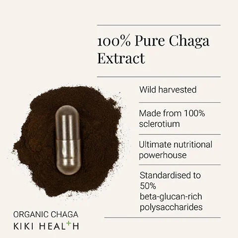 Image 1 - An image showing a silver capsule resting on a bed of dark powder with text highlighting the product as 100% Pure Chaga Extract, detailing attributes such as wild harvested, made from 100% sclerotium, ultimate nutritional powerhouse, and standardized to 50% beta-glucan-rich polysaccharides, labeled with organic chaga and Kiki Health branding.