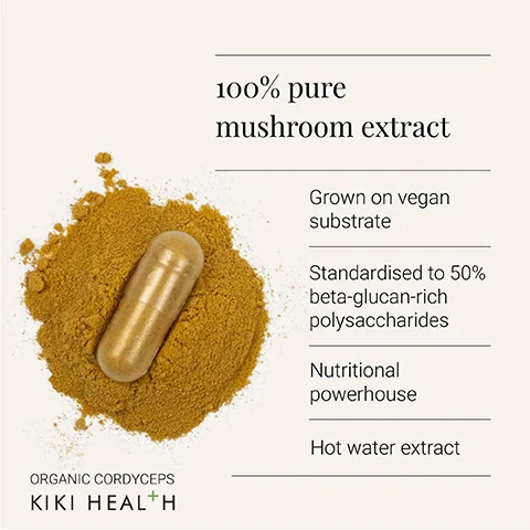 Image 1 - An image of a golden mushroom supplement capsule surrounded by a yellowish powder on a light background, with text detailing product specifications including 100% pure mushroom extract, grown on vegan substrate, standardized to 50% beta-glucan-rich polysaccharides, nutritional powerhouse, and hot water extract, featuring the brand name KIKI HEALTH.