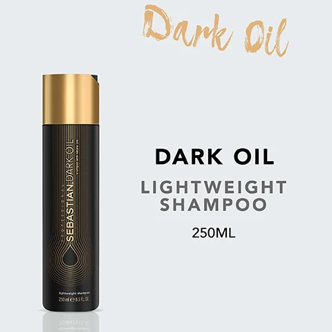 Image 2 - A black shampoo bottle with a gold cap labeled Sebastian Dark Oil featuring the text Dark Oil Lightweight Shampoo 250ML.
Image 3 - Image of a black shampoo bottle with a gold cap and the text: cleanses & leaves the hair shiny, lightweight, 3x smoother* hair; 250 ml size indicated on the label.
Image 5 - Image shows a step-by-step guide titled HOW TO USE with three instructions: MASSAGE THE SHAMPOO INTO WET HAIR, RINSE THOROUGHLY, and REPEAT IF NECESSARY, accompanied by simple icons representing each step.
Image 7 - Image shows several dark brown jojoba seeds resting on green leaves with droplets of oil around them, and the text reads Jojoba & Argan Oil.