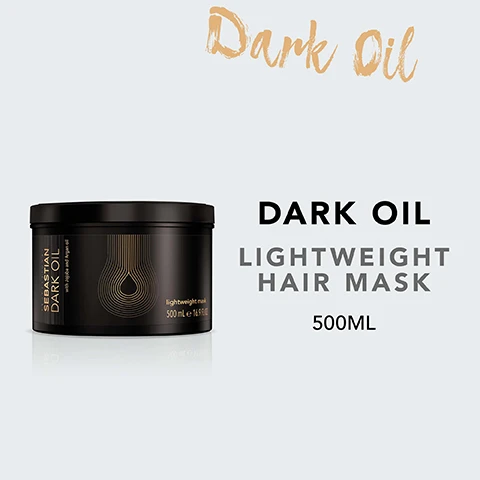 Image 2 - A jar of Sebastian Dark Oil lightweight hair mask is displayed on a light background, with the text Dark Oil Lightweight Hair Mask and 500ML next to it.
Image 3 - A black jar of Sebastian Dark Oil lightweight mask sits against a light background, with text stating it nourishes the hair and keeps its natural body, provides silky and shiny hair, and is three times smoother when combined with the full Dark Oil range.
Image 5 - An instructional graphic with the text HOW TO USE, an icon of a person under a showerhead, and the text LEAVE ON WET HAIR FOR 2-5 MINS & RINSE.
Image 7 - Image of several jojoba seeds and a leaf with drops of oil, on a black background, featuring the text JOJOBA & ARGAN OIL.
