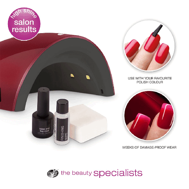 Four images transitioning into each other in an endless loop. Image 1: High shine salon results. Use with your favourite polish colour. Weeks of damage proof wear. Rio the beauty specialists. Image 2: A close up of red nails being painted. Tetx- Use with your favourite polish colour. Image 3: A nail close up. Text- weeks of damage proof wear. Image 4: 14 DAY GEL POLISH NAILS. Hard-wearing, long lasting gel polish system. Use with your favourite polish colour. Weeks of damage-proof wear. Up to 10 full manicures. Compact design ideal for travel. Quick and easy to use. Rio the beauty specialists