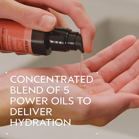 Image 2 - A person dispenses clear oil from an AVEDA nutri plenish multi-use hair oil bottle into another hand, with overlaid white text that reads Concentrated blend of 5 power oils to deliver hydration. Image 3 - A dark green background with a central circle displaying an abstract swirl of red, gold, and dark liquids, with visible text that reads SUPERFOOD COMPLEX, POMEGRANATE SEED OIL, COCONUT OIL, MANGO BUTTER, Hydrates and replenishes dry, depleted hair, and Lorem Ipsum. Image 4 - A split image shows a woman with long dark wavy hair, comparing her hair before and after styling; the before image shows slightly frizzy hair with visible roots, while the after image shows smooth, shiny, well-defined waves, with the visible text BEFORE, AFTER, Unwashed Hair, and Results with Nutriplenish™ Shampoo and Conditioner: Light Moisture, Daily Moisturizing Treatment, Styling Treatment Foam, Multi-Use Hair Oil and Wooden Paddle Brush. Blow dried with round brush. Image 5 - Three clear, viscous liquid drops, one large and two smaller, are scattered on a white background within a dark green border. Image 6 - The image depicts a four-step hair care routine titled HOW TO USE, featuring circular photos alongside text on a dark green background: 01 CLEANSE shows hands washing hair with nutriplenish Shampoo: Light Moisture; 02 CONDITION shows conditioner being squeezed from a bottle into a palm with Nutriplenish Conditioner: Light Moisture; 03 TREAT shows a woman with wet hair with Nutriplenish Daily Moisturizing Treatment; and 04 STYLE shows styling foam dispensed onto a hairbrush with Nutriplenish Styling Treatment Foam & Multi-Use Hair Oil. Image 7 - Three white certification logos are displayed over a background of dark green tropical leaves, including a 100% VEGAN logo, a Certified B Corporation logo, and a Cruelty Free INTERNATIONAL logo.