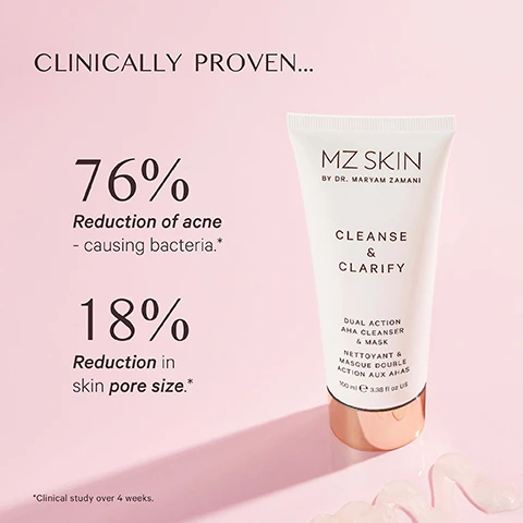 Image 1 - A white and rose gold cosmetic tube with some product squeezed out is displayed on a pink background, next to text that reads: CLINICALLY PROVEN... 76% Reduction of acne - causing bacteria.* 18% Reduction in skin pore size.* *Clinical study over 4 weeks. MZ SKIN BY DR. MARYAM ZAMANI CLEANSE & CLARIFY DUAL ACTION AHA CLEANSER & MASK NETTOYANT & MASQUE DOUBLE ACTION AUX AHAS 100 ml e 3.38 fl oz US. Image 2 - An image featuring a white skincare product tube on an icy background displays prominent text on the left that reads Cleanse & Clarify Skin, with bullet points stating Improves appearance of skin texture, Skin feels hydrated, and Improves the appearance pores, while the tube itself is labeled MZ Skin by Dr. Maryam Zamani, Cleanse & Clarify, Dual Action AHA Cleanser & Mask, Nettoyant Masque Doublé Action Aux AHA, 100 ml e 3.3 fl. oz. Image 3 - A clear gel-like substance is centered on a light pink background, surrounded by text describing skincare ingredients and their benefits: AZELAIC ACID: Helps improve skin tone and the appearance of hyperpigmentation while hydrating and smoothing. PAPAYA ENZYME: Helps buffs away dead skin cells and impurities. LACTIC ACID: Helps to improve skin texture and refine pores. LACTOBIONIC ACID: Helps to hydrate & protect skin from free radicals. INDIAN CRESS FLOWER EXTRACT: Helps promotes skin oxygenation & improve skin tone.