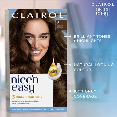 Image 1, brilliant tones and highlights. natural looking color. 100% grey coverage. image 2, brilliant tones and highlights. light blonde to medium blonde. dark blonde to light brown. medium brown. image 3, what's in the box. permanent colour cream. activator. revitashine intense treatment. image 4, step 1 = mix. step 2 = dye. step 3 = treat. and then - dry. image 4, before and after. image 5, with true tone technology. smooth and strengthened hair.