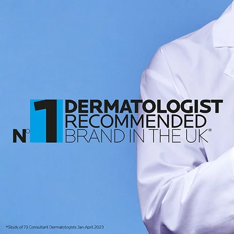 Image 1 - Image of a person in a white lab coat against a blue background with text stating No. 1 Dermatologist Recommended Brand in the UK* and a note about a study of 73 Consultant Dermatologists Jan-April 2023.