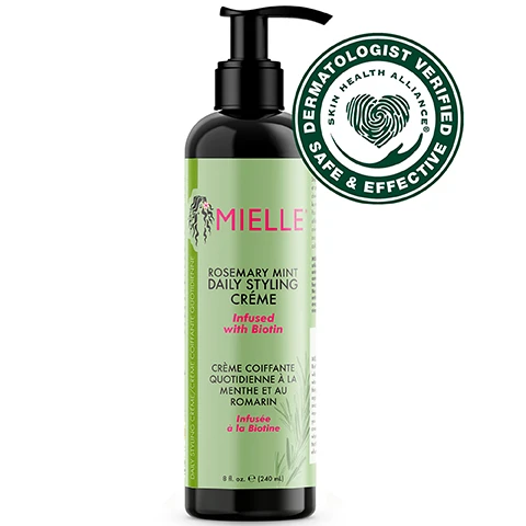 Image 2 - A bottle of Mielle Rosemary Mint Daily Styling Crème with a pump top, featuring a green label and the text DERMATOLOGIST VERIFIED SAFE & EFFECTIVE in a circular badge; the text on the bottle includes Rosemary Mint Daily Styling Crème and Infused with Biotin in English and French.
Image 4 - A creamy hair product is shown on a light green background with text stating lightweight formula, infused with biotin, and use daily for twist-outs, braid-outs, and wash-and-go styles.
Image 5 - A brown bottle of Mielle Rosemary Mint Daily Styling Crème is displayed against a light green background, with the label showing Mielle in pink and ROSEMARY MINT DAILY STYLING CRÈME infused with Biotin, alongside a green block that has instructions: HOW TO USE Section hair and apply product to damp or dry hair. Do not rinse. Style hair as desired. For best results, use as a daily styling cream for twist-outs, braid-outs, and wash-and-go styles.