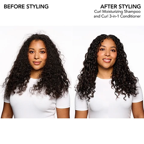 Image 1 - Image shows a comparison of a woman’s hair before and after styling; the left side shows her with voluminous, natural curls labeled BEFORE STYLING, while the right side displays the same woman with defined curls labeled AFTER STYLING, featuring visible product names Curl Moisturizing Shampoo and Curl 3-in-1 Conditioner.
Image 2 - A bottle of Bumble and bumble Curl Moisturizing Shampoo is centered on a lavender background, surrounded by icons indicating it is gentle, oil-infused, reduces frizz, moisturizes, contains no sulfate cleansers, leaves hair shiny, and detangles.
Image 3 - A purple background features the text Bb.Curl at the top, and below it is a description stating that the curl collection is enhanced with a rich blend of oils and butters to deeply moisturize hair, along with icons and labels for jojoba oil, avocado oil, coconut oil, cocoa butter, and shea butter, detailing their benefits for hair care.