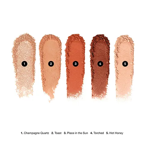 Image 1,Place in the Sun Eyeshadow Palette shades swatches. Image 2, Model arm swatch of all shades in the palette