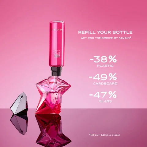 refill your bottle act for tomorrow by saving: -38% plastic, 49% cardboard, 47% glass. based on 1 x100ml + 1 x 50ml vs 3 x 30ml