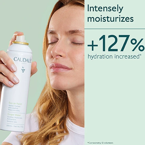 Image 1 - A woman with her eyes closed sprays Caudalie Eau de Raisin Grape Water from a white can onto her face, with text beside her saying Intensely moisturizes, +127% hydration increased*, *Corneometry, 12 volunteers. Image 2 - A white spray bottle covered in water droplets and three green grapes rest on a light green background with water droplets, featuring text that reads CAUDALIE PARIS Eau de Raisin Apaise, Hydrate. Anti-oxydant. Peaux sèches. and 100% organic grape water Moisturising, soothing, antioxidant and prebiotic. Image 3 - A hand holds a white Caudalie Paris Eau de Raisin Grape Water spray bottle, with text on the bottle reading Apaise. Hydrate. Anti-oxydant. Peaux sensibles. Soothes. Moisturizes. Antioxidant. Sensitive skin., and next to it, text reads For sensitive skin, -61% skin sensitivity decreased*, -56% free radicals**, *Clinical test, 20 volunteers, **in vitro test on Grape Water anti-oxidant activity of DPPH elimination.