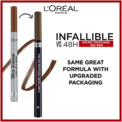 Image 1, infallible up to 48 hours micro tatouage ink pen. same great formula with upgraded packaging. image 2, infallible up to 48 hours micro tatouage ink pen. if your old shade was 109 ebony new is 1 ebony. 3 brunette is 3 brunette. 5 light brunette is 5 light brunette. 104 chatain - 6 dark blonde. 6.32 auburn - 6.32 auburn. 101 blonde is 7 blonde.