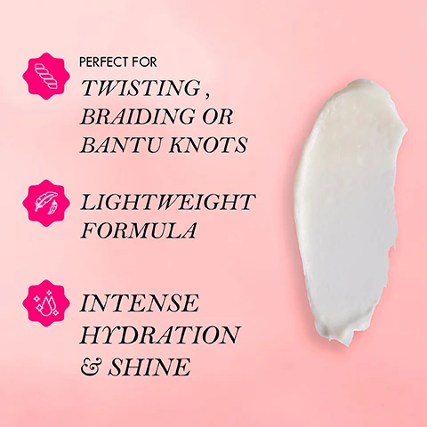 Image 3 - An image shows a creamy hair product smeared on a light pink background, accompanied by text that reads perfect for twisting, braiding or bantu knots, lightweight formula, and intense hydration & shine.
Image 4 - An open jar of Mielle Twisting Soufflé sits on a pink surface, surrounded by pomegranate halves and honey drips, with text above it that reads HOW TO USE followed by instructions for applying the product.