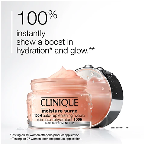 Image 1, 100% instantly show a boost in hydration and glow. testing on 19 women after one product application. testing on 27 women after one product application. image 2, hydrate and glow. image 3, aloe vera bioferment and hyaluronic acid helps infuse skin with moisture and keep it in. blend of vitamins c and e helps fight back against daily dehydrators. image 4, free of fragrance, oil and drying alcohol