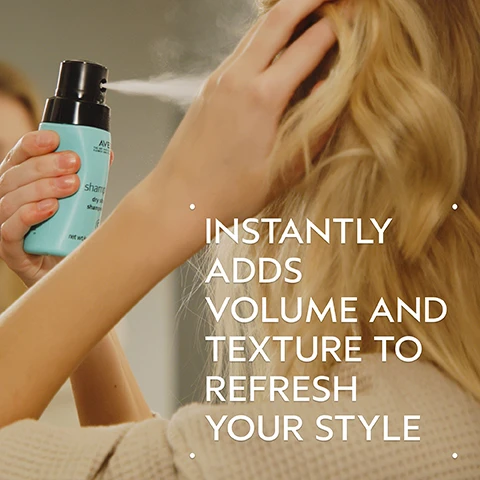 Image 2 - A woman with blonde wavy hair holds a light blue bottle of Aveda Shampure dry shampoo, spraying a fine mist towards her roots, next to the prominent text INSTANTLY ADDS VOLUME AND TEXTURE TO REFRESH YOUR STYLE. Image 3 - A split image shows a woman with blonde hair before and after styling; on the left, her hair is straight and flat, captioned BEFORE Unwashed Hair, while on the right, her hair is wavy and voluminous, captioned AFTER Results with Heat Relief™ Thermal Protector & Conditioner Mist, Shampowder™ Dry Shampoo, and Mini Wooden Paddle Brush. Styled with curling iron. Image 4 - A collection of lavender sprigs, white jasmine-like flowers, yellow ylang-ylang flowers, and green leaves arranged on a light blue circular background set against a dark green backdrop, with white text reading: POWER YOUR PEACE A CALMING AROMA WITH A BLEND OF 25 PURE FLOWER AND PLANT ESSENCES INCLUDING LAVENDER, PETITGRAIN, AND YLANG YLANG. Image 5 - The image is a three-step guide on a dark green background showing HOW TO USE hair products, featuring circular insets for each step: 01 MIST, depicting a woman spraying Heat Relief™ Thermal Protector & Conditioner Mist into her hair; 02 DRY SHAMPOO, showing a woman spraying Shampowder™ Dry Shampoo into her hair; and 03 BRUSH, illustrating dry shampoo being sprinkled onto a Mini Wooden Paddle Brush. Image 7 - An image shows three white certification logos against a dark green leaf background: a V symbol surrounded by 100% VEGAN text, a B inside a circle with Certified B Corporation, and the Leaping Bunny logo with Cruelty Free INTERNATIONAL.