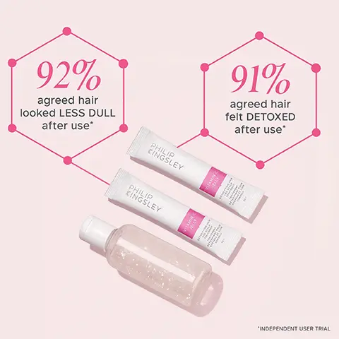 Image 1, 92% agreed hair looked LESS DULL after use* PHILIP KINGSLEY PHILIP KINGSLEY TAMIN BELLY 91% agreed hair felt DETOXED after use* "INDEPENDENT USER TRIAL Image 2, Our New VITAMIN C JELLY removes 38% MORE PRODUCT BUILD-UP than Shampoo alone* Untreated Just Shampoo Vitamin C Jelly *INSTRUMENTAL TEST