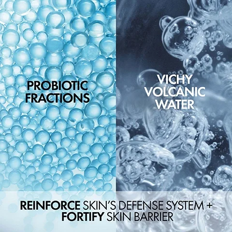 Image 3 - An image split vertically, showing translucent light blue spheres on the left and dark blue water with bubbles on the right, with text overlayed that reads Probiotic Fractions, Vichy Volcanic Water, and Reinforce Skins Defense System + Fortify Skin Barrier.