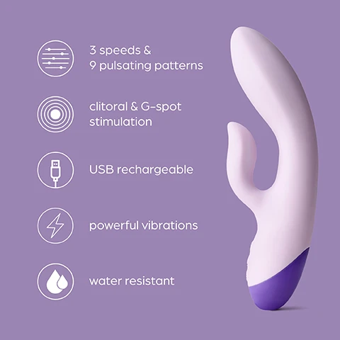 Image 1 - A purple and white vibrator is shown, featuring three speeds, nine pulsating patterns, clitoral and G-spot stimulation, USB rechargeable capability, powerful vibrations, and water resistance, with icons representing these features alongside the descriptions.
Image 2 - A pink dual-action vibrator is displayed against a light purple background, featuring a rounded tip and a small, curved extension, with the text: Dual pleasure Enjoy 12 pleasure functions for clitoral and G-spot stimulation.
Image 3 - A purple background features a smooth, flexible sex toy designed for G-spot and clitoral stimulation, with text that reads Incredibly flexible Angle and flex the internal & external stimulator for G-spot & clitoral satisfaction.
Image 4 - A purple and white USB rechargeable vibrator is shown with a charging cable connected, accompanied by text that reads USB rechargeable Dont let the pleasure stop, with easy USB recharging.
Image 5 - A hand is holding a purple vibrator with water splashes around it, and there is text above stating Water resistant The vibrator is fully submergible for use in the bath or shower.
Image 6 - Image of a purple vibrator showing its measurements, with labeled points indicating the insertable length of 5.1 inches, widest point of 1.3 inches, and stimulator height of 1.9 inches, along with the text Measurements.