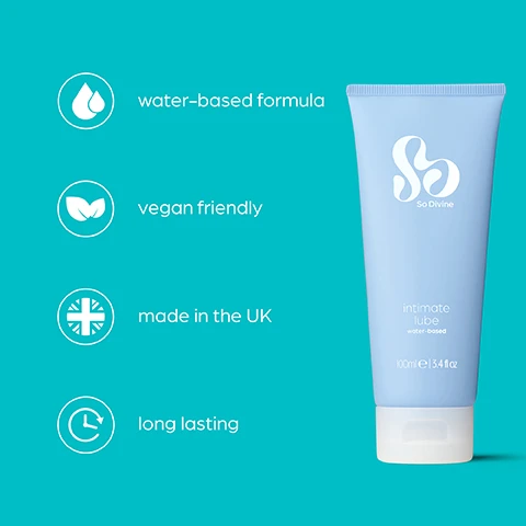 Image 1 - A light blue tube of intimate lube on a teal background, featuring icons and text that state water-based formula, vegan friendly, made in the UK, and long lasting.
Image 2 - A person is squeezing a light blue tube of lubricant into their hand with a background in solid teal, featuring the text Long lasting and This slick formula is incredible smooth and long lasting for those intimate moments.
Image 3 - A hand holds a blue tube of lubricant with a logo, set against a bright turquoise background; visible text includes Vegan friendly and All of our lubricants are vegan-friendly and dermatologically tested.
Image 4 - A tube of intimate lubricant with a light blue background, featuring text that reads Water-based formula and The water-based formula is compatible for all types of sex toys & latex condoms.
Image 5 - A light blue tube of intimate lube labeled So Divine with text indicating it is made in the UK and manufactured using high quality ingredients.