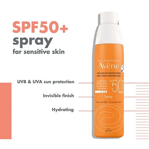 Image 1, SPF 50+ spray for sensitive skin. UVB and UVA sun protection. invisible finish. hydrating. image 2, without white effect. hydrating. water resistant. UVB and UVA sun protection. image 3, 1 = protect with speay SPF 50+. 2 = soothe with avene thermal spring water. 3 = hydrate and restore with after sun lotion. image 4, invisible finish. hydrating.