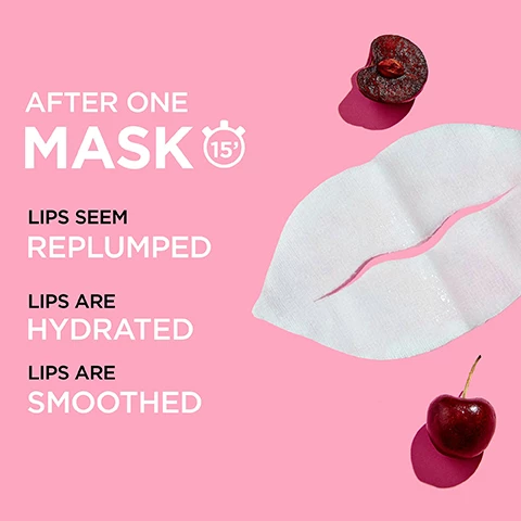 Image 1, after one mask, 15 minutes. lips seem replumped. lips are hydrated. lips are smoothed. image 2, cherry and panthenol. image 3, infused with lip care. image 4, from the number 1 tissue mask brand in the uk. source 2020 nielsen data, value and units. female facial skincare, sheet mask segment (client defined) 52 week ending 26/12/20 in the UK total coverage. image 5, how to use. step 1 = unfold the mask and adjust it to the contour of your lips. step 2 = let the mask infuse into your lips for 15 minutes and then remove it. step 3 = massage any excess into your lips. image 6, cruelty free international leaping bunny approved. vegan formula no animal derived ingredients or by products.