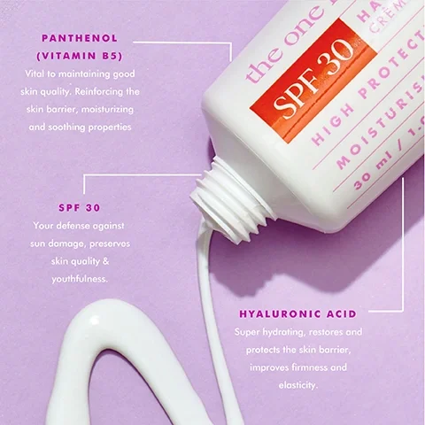 Image 2 - Image of a tube of sunscreen labeled the one featuring SPF 30 prominently, with a white cream pouring out, accompanied by purple text that describes the ingredients: Panthenol (Vitamin B5) benefits for skin quality, SPF 30 as protection against sun damage, and Hyaluronic Acids hydrating properties.