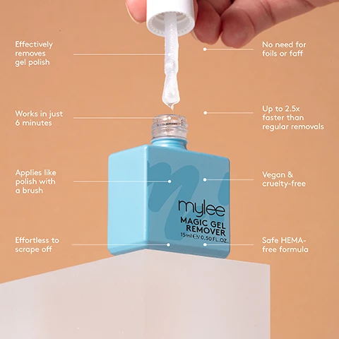 Image 1, effectively removes gel polish, works in just 6 minutes, applies like polish with a brush, effortless to scrape off, no need for foils or faff, up to 2.5 times faster than regular removls, vegan and cruelty free, safe HEMA free formula. image 2, step by step. 1 = prep, push back your cuticles, file, buff and cleanse with a lint free wipe soaked in mylee prep and wipe. 2 = base, apply the mylee base coat and cure for 30-60 seconds using the mylee pro LED lamp, remove any gel on your skin before curing. 3 = colour, brush on your chosen mylee gel polish and cure for 30-60 seconds using the mylee pro LED lamp - repeat to build up the colour. 4 = finish, apply a mylee top coat and cure for 30-60 seconds for regular top coats, remove the sticky layer by wiping the nails with a lint-free wipe soaked in mylee prep and wipe, wash your hands, moisturise and voila you're all set.