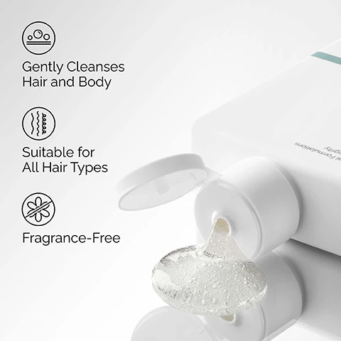 Image 1 - A white bottle with an open cap dispenses clear, bubbly gel onto a reflective surface, accompanied by three icons and text that read Gently Cleanses Hair and Body, Suitable for All Hair Types, and Fragrance-Free, while partial text on the bottle reads al Formulations, egity. Image 2 - A hand runs through wet, dark curly hair coated with white product, with two labels overlaid on the lower left showing Purifying with a sparkle icon and Cleansing with a bubble icon. Image 3 - The image shows clear gel-like drops with tiny bubbles on a white background, with text that reads Key ingredient in 4% Sulphate Cleanser for Body and Hair: SLES-2 A mild foaming agent for effective cleaning without disrupting skin and hair. Image 4 - The image shows a hair care regimen featuring three The Ordinary products: a white bottle of Sulphate 4% Cleanser for Body and Hair, a white bottle of Behentrimonium Chloride 2% Conditioner, and an amber dropper bottle of Multi-Peptide Serum for Hair Density, with the visible text A regimen for healthier-looking hair, CLEANSE Sulphate 4% Cleanser for Body and Hair Gently cleanses hair, CONDITION Behentrimonium Chloride 2% Conditioner Conditions and smooths hair, TREAT Multi-Peptide Serum for Hair Density Supports thicker, denser, fuller-looking hair.