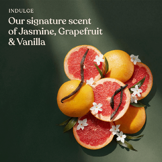 Image 1, indulge our signature scent of jasmine, grapefruit and vanilla Image 2, cruelty free vegan product, 94% natural origin 0% mineral oil Contains recycled plastic