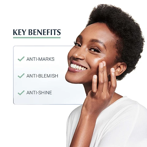Image 1, benefits, anti marks, anti blemish and anti shine. Image 2, blemish prone skin, 3 times effect, non comedogenic. image 3, proven results. before week 0, after week 12. clinical study with 40 volunteers, 12 weeks of regular usage of both serum and fluid twice daily. image 4, key ingredients, salicylic acid effectively reduces blemishes. licochalcone a helps prevent new blemishes. patented thiamidol reduces post acne marks and prevents their appearance. image 5, recommended routine. 1 = cleansing gel, 2 = triple effect serum, 3 = protective fluid SPF 30.